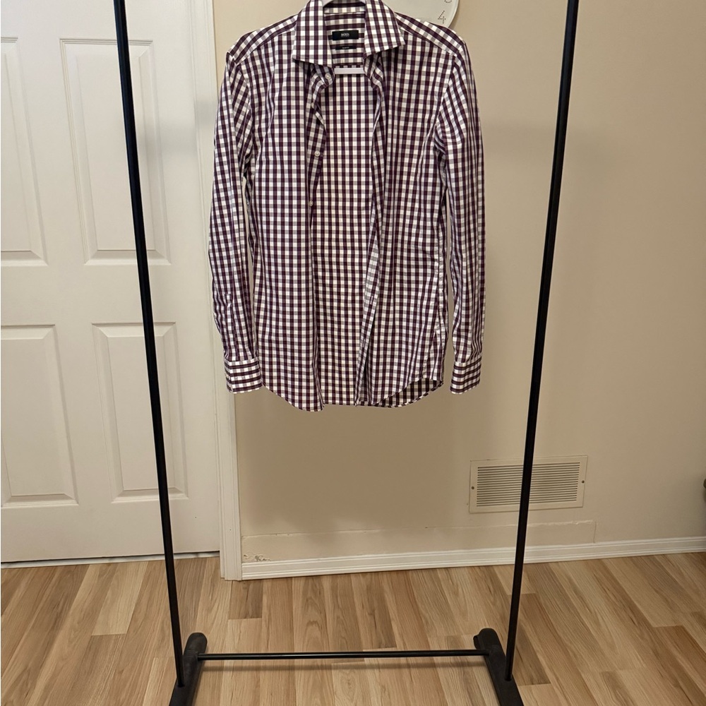 Hugo Boss Men's Purple and White Checkered Shirt